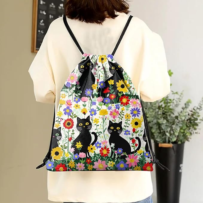 Drawstring Backpack Draw String Sports Bags for Gym Travel Beach Waterproof Cute Sackpack Men Women (13"×17")-Flower Cat