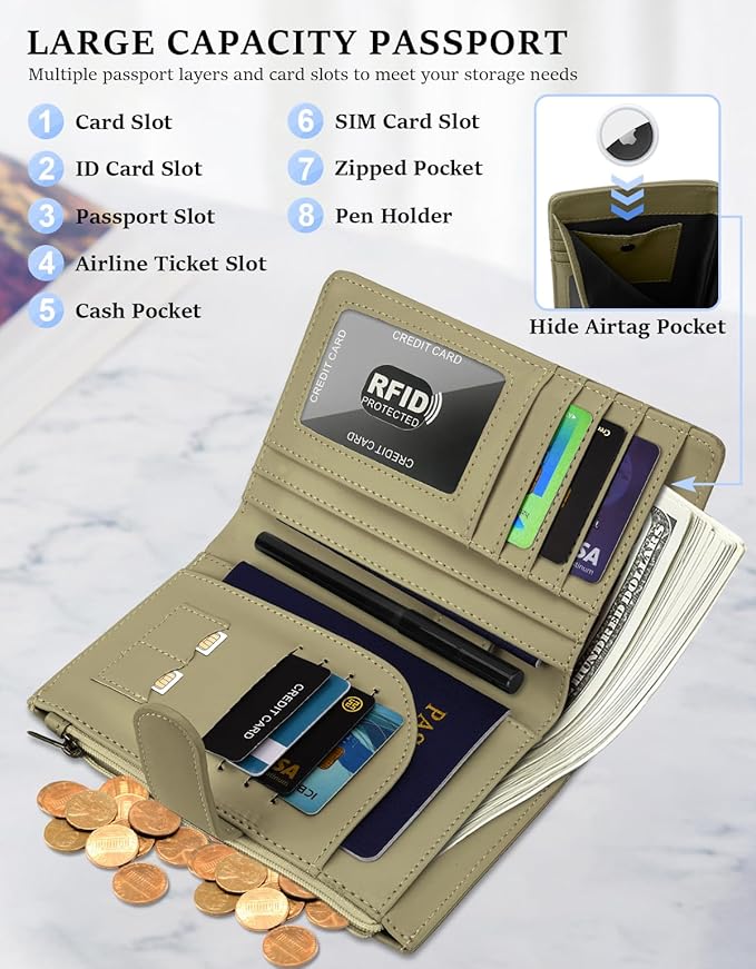 RFID Passport Holder for Women/Men Travel Gift, Large Capacity Passport Wallet, Family Travel Documents Organizer with Card/Airtag Slot, Zipper coin pocket, Cash Holder Passport Cover Case(Moss Green)