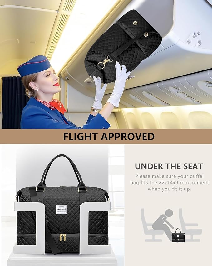 FIUAIE Overnight Weekender Bag for Women - Duffle Bags with Shoe Compartment Carry On Bag with Wet Pocket for Yoga Gym Travel Bags with Toiletry Bag for Business Trips Hospital Bags Black