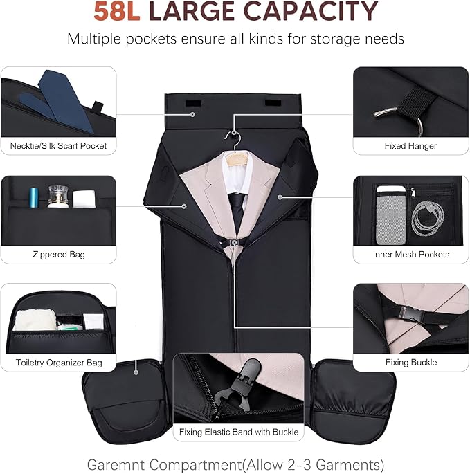 Carry on Garment Bag,Vessgra 2 in 1 Duffle Bag for Travel 58L Garment Bags for Travel Scratch-Resistant Oxford Duffel Bag for Men with Inner Dry/Wet Compartment, Bussiness Weekender Trip,Grey