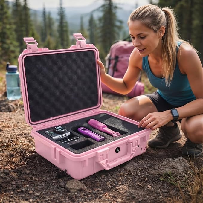Relaxweex 1 Pcs Waterproof Hard Case with DIY Customizable Foam Insert Portable Protective Case with Knife for Camera Drones Equipments Tools Test Instruments(Pink,14.3 x 11.4 x 4.5 Inch)