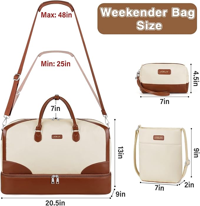 ITIEZY Weekender Overnight Bag for Women - Large Travel Duffel Bag with Shoe Compartment, Gym Duffel Bag Hospital Bag Carry On Tote Bags for Airplanes with Crossbody Bag Toiletry Bag 3Pcs Set