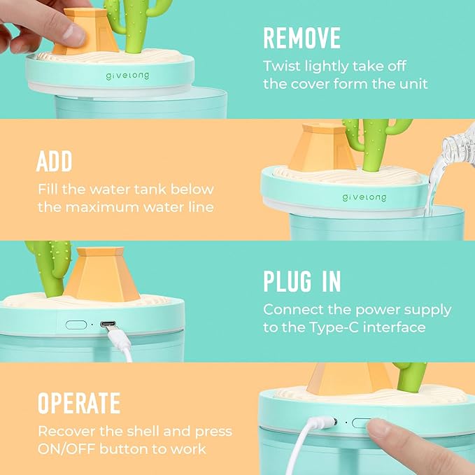 Cactus Mini Humidifier, Cute Desktop Humidifiers for Bedroom, 320ml Portable Small Cool Mist Humidification, USB Powered, Auto Shut-Off, Perfect for Home, Office & Indoor Plants