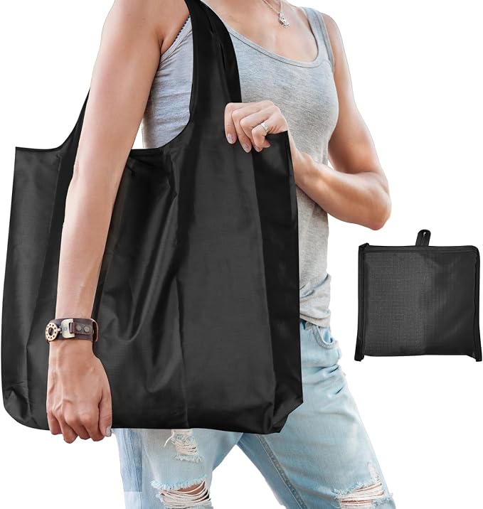 Large 50lbs Heavy Duty Reusable Foldable Grocery and Shopping Tote Bags - Washable Polyester Bags in Pocket