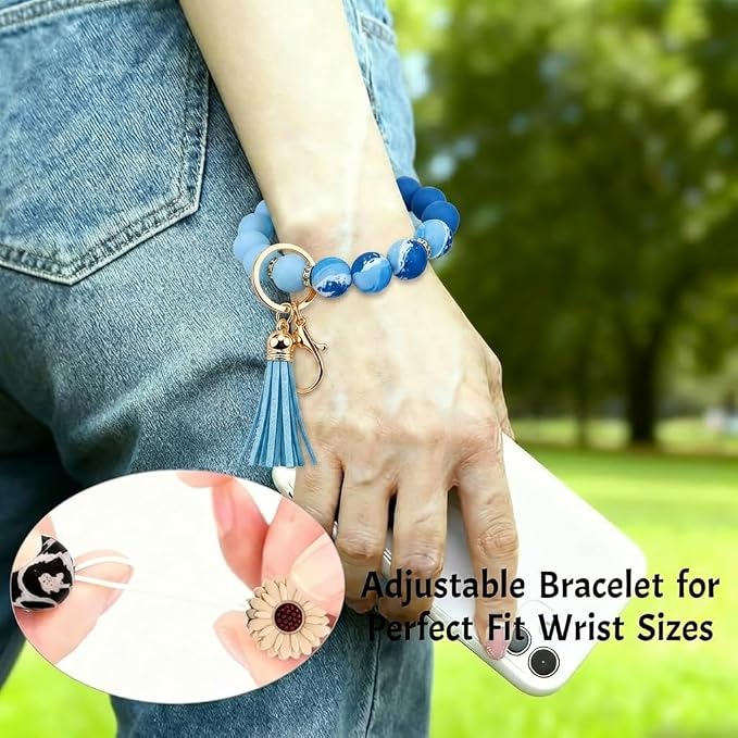 2PCS Bracelet Key Ring Set, Cute Car Key chain Wristlet, Silicone Beaded Bangle keyChains for Women Girls