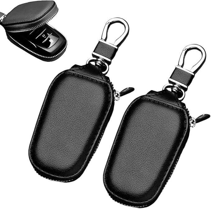 Yourkar 2 PCS Car Key Case, Genuine Leather Auto Key Fob Storage Bag, Key Chain Holder Key Ring Zipper Bag, Car Accessories (Black)