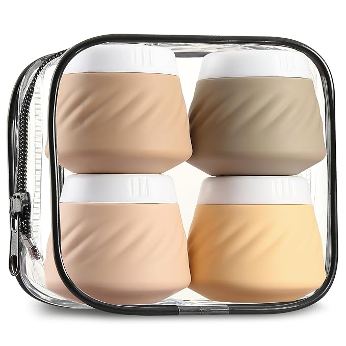 Gemice Silicone Cream Jars TSA Approved Travel Size Containers with Clear Bag, Leak-proof Travel Accessories with Lid for Cosmetic Face Body Hand Cream (4 Pack)