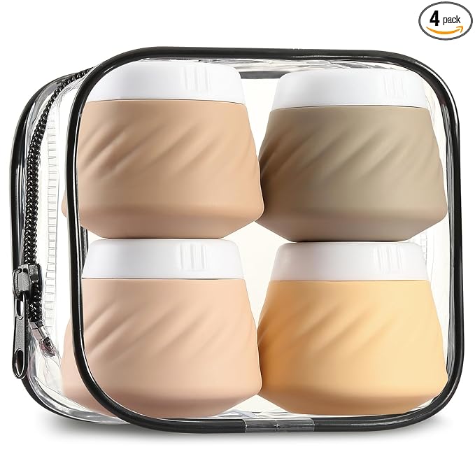 Gemice Travel Containers for Toiletries, Silicone Cream Jars TSA Approved Travel Size Containers with Clear Bag, Leak-proof Travel Accessories with Lid for Cosmetic Face Body Hand Cream (4 Pack)
