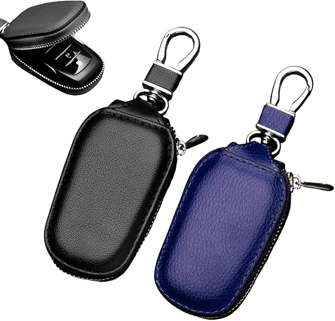 Yourkar 2 PCS Car Key Case, Genuine Leather Auto Key Fob Storage Bag, Key Chain Holder Key Ring Zipper Bag, Car Accessories (Black+Blue)