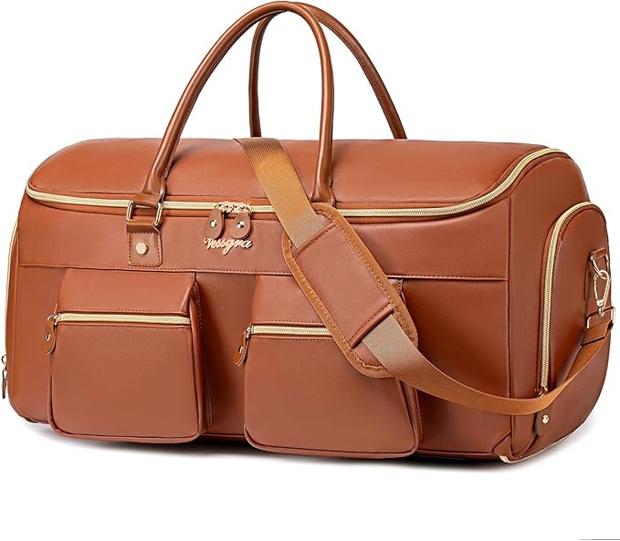 Suit Bag,Vessgra 56L Garment Bags for Travel,2 in 1 Leather Duffle Bags for Men Women, PU Leather Convertible Travel Bag with Shoe Compartment,Work Weekender Bussiness Wedding,Reddish Brown