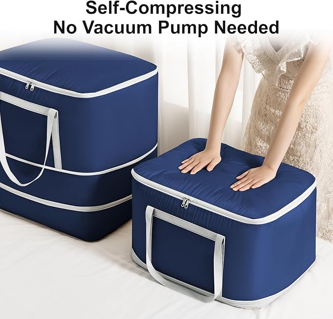 Comforter Storage Bag - 120L Bedding Storage Bags for Moving Closet, Washable Blanket Storage Bag, Ultra Space Saving Self Compression Organizer, 2-Pack, Navy Blue