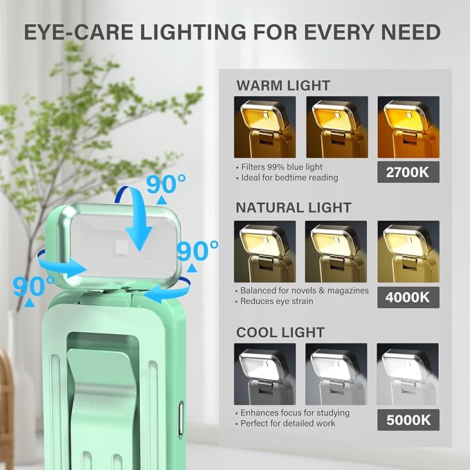 KTEBO Rechargeable Book Light with Clip & Battery Indicator, 9 Luminescence Modes, USB-C Portable 1.6 oz Ultralight Lamp for Night Reading in Bed, Readers - Green