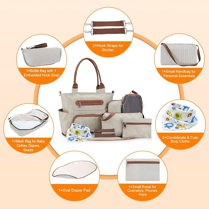 Moclever 8pc Diaper Tote Set, Baby Essentials with Multifunctional Diaper Bags, Bottle & Mesh Bag