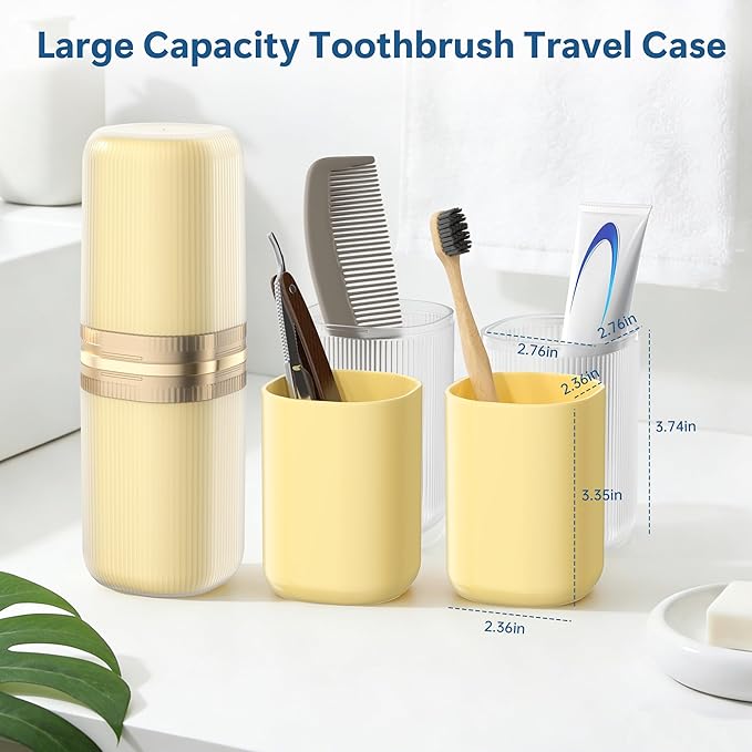 Quatish 4-in-1 Toothbrush Travel Case, Portable Toothbrush Holder with 4 Rinse Cups, Large-Capacity Storage for Toothbrush & Toothpaste, Ideal for Travel, Home, Camping, Gym, Business Trip (Yellow)