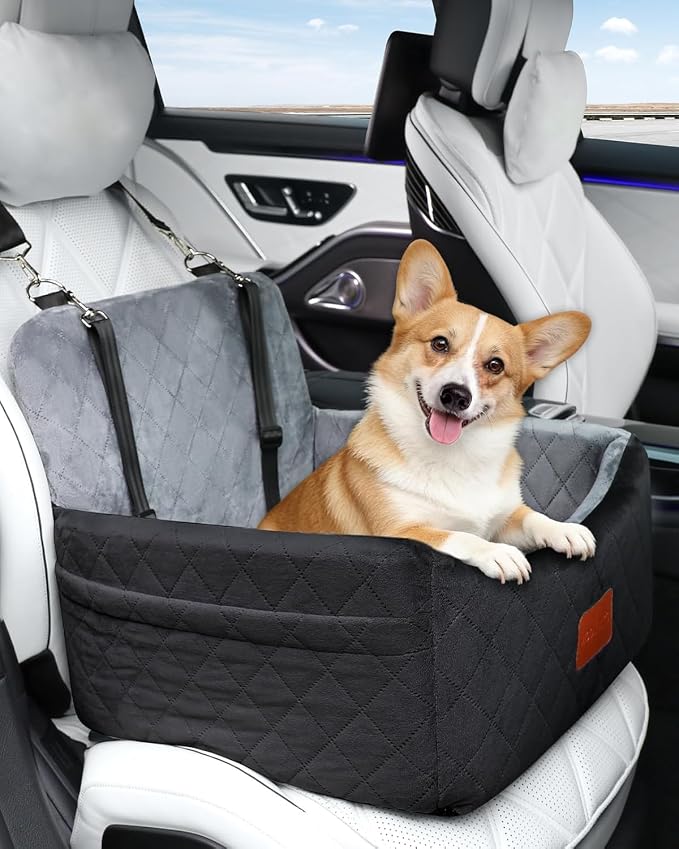 WOOAIDAGG Dog Car Seat for Small Dogs Under 30lbs, Comfy & Safe Travel Bed with Washable Cover, 2 Clip-On Safety Leashes and Pockets, Anti-Slip Base, Easy to Install(Black/Grey)