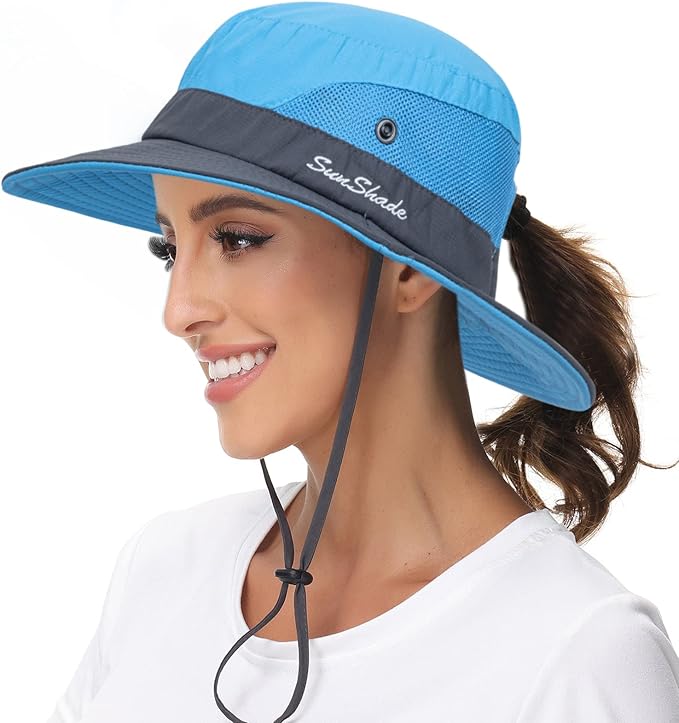 Sun Hat for Women Summer UV Protection Beach Hat Wide Brim Mesh Bucket Fishing Hat with Ponytail Hole Foldable Packable Hat