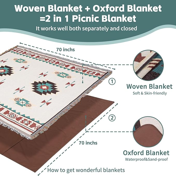 2 in 1 Extra Large Outdoor Picnic Blanket Camping Mat Lightweight Oversized Giant Turkish Boho Beach Mexican Serape Baja Cobijas Mexicanas para Mesa Park Stadium Outside Festival Grass Hammock