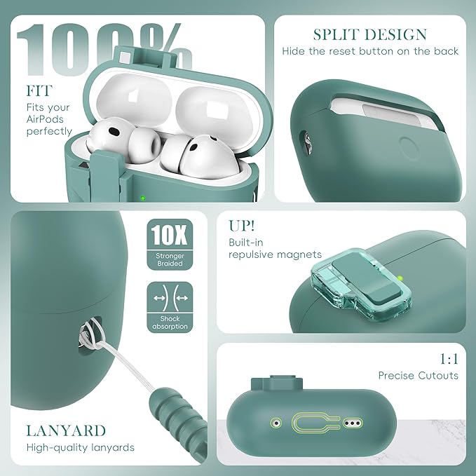R-fun for AirPods Pro 3 Case with Cleaning Kit, Soft Liquid Silicone Rubber Protective Cover, Compatible with AirPods Pro 3rd Generation Case (2025), Compatible with MagSafe, Pine Green