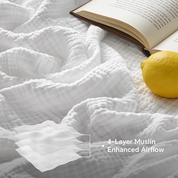 BEDELITE 100% Cotton Muslin Blankets for Adults - 4-Layer Large Throw Breathable and Lightweight Gauze Blanket for Couch, Bed, Travel and Summer, Soft & Cozy Gift for Women, White, 50"x70"
