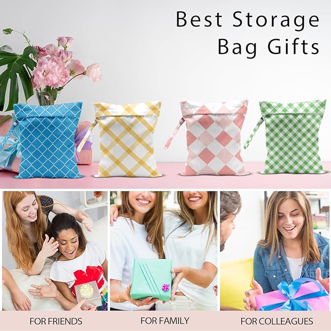 Wet Bag, 4Pcs Wet Dry Bag Set, Reusable Waterproof Bags with Mixed Diamond Lattice & Plaid Prints for Women, Versatile for Beach, Pool & Daily Use