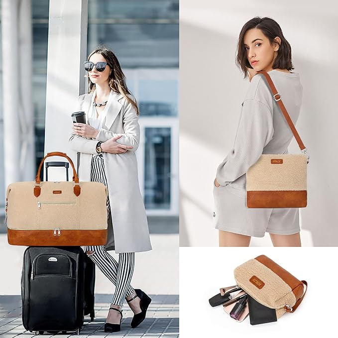 ITIEZY Weekender Overnight Bag for Women - Large Travel Duffel Bag with Shoe Compartment, Gym Duffel Bag Hospital Bag Carry On Tote Bags for Airplanes with Crossbody Bag Toiletry Bag 3Pcs Set