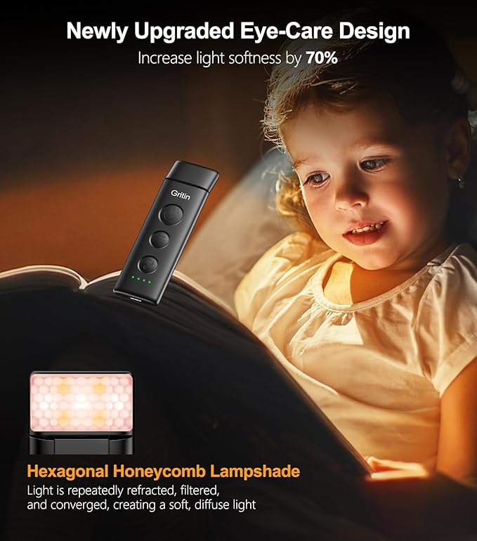 Gritin Book Light Rechargeable, Eye Caring 3-Color & 5-Brightness Clip on LED Reading Light for Books in Bed- Stepless Dimming, Long Lasting, Compact Size Flexible Book Lamp for Bookworms-Black
