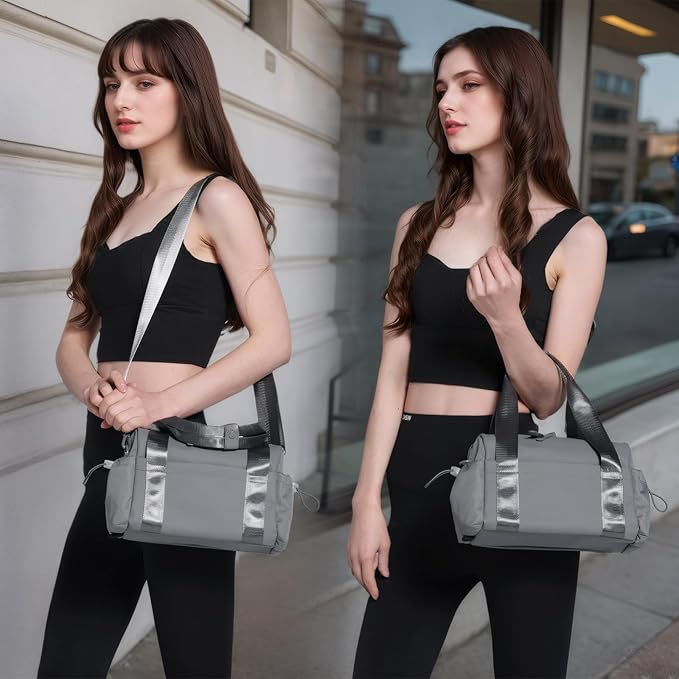 Bucosd Small Gym Bag for Women, Mini Crossbody Gym Duffle Bag with Wet Compartment, Carry on Gym Tote Bag for Workout Dance Sport Travel (Mini-Grey)