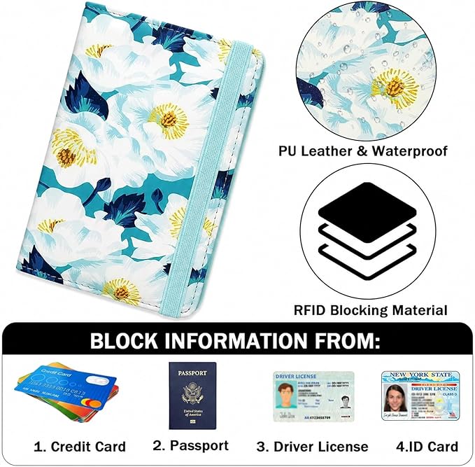 ZOPPEN RFID Blocking Passport Holder for Travel – PU Leather Waterproof Lightweight Passport Cover Wallet for Women Men, Travel Organizer with Card Slots for Airline Tickets & Passport Book, Flower A
