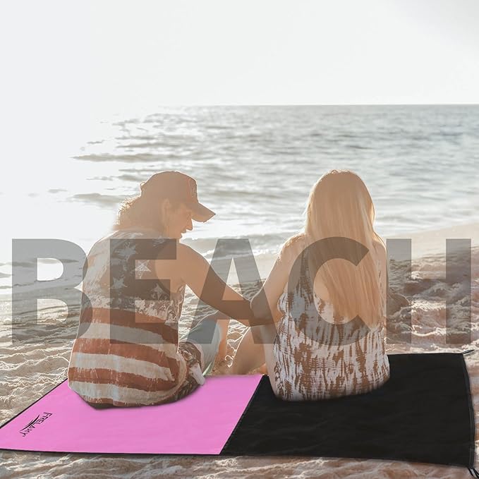 Frelaxy Pocket Picnic Blanket, Waterproof Sandproof Beach Mat, Compact Camping Tarp for Festivals, Hiking, Travel, Outdoor Recreation (Pink & Black, 35'' x 57'')