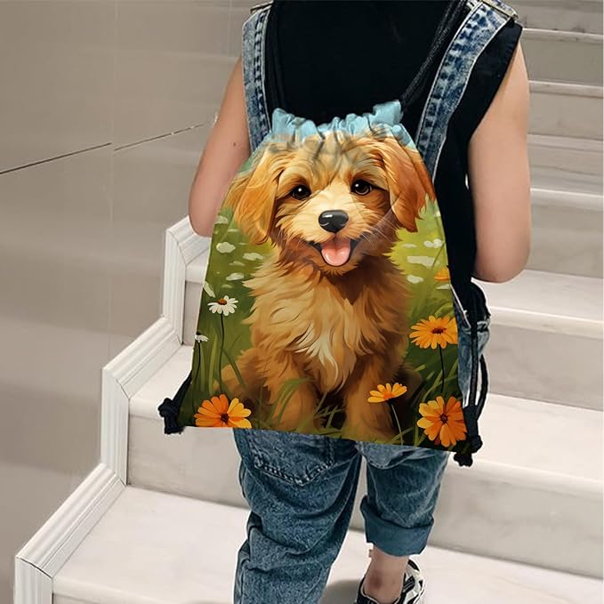 Drawstring Backpack for String Bag Waterproof Cute Sports Beach Swimming Travel (13"×17")-Dog