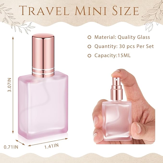 Domensi 30 Pcs 10/15/30/50 ml Glass Perfume Bottles Mini Glass Empty Spray Atomizer Bottles Bulk Refillable Perfume Dispenser Container with Pump Tool for Travel Skin Care (15 ml,Floral Color)