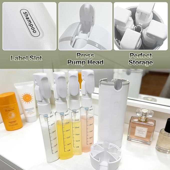 4 in 1 Travel Pump Dispenser Bottle, 30ML 4 Pack Leak-Proof Pump Containers with Measurement Scale & Label Stickers, Portable Bottles for Toiletries, Shower & Travel Use (White)