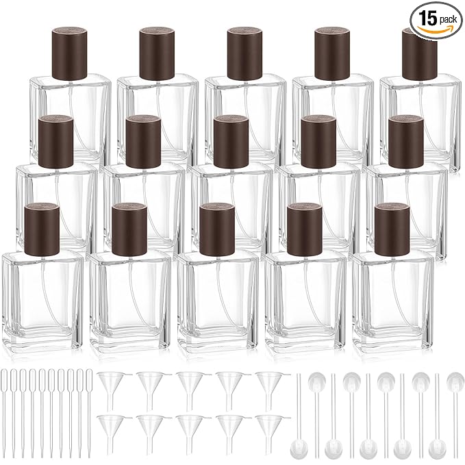 Domensi 15 Pcs 10/15/30/50 ml Glass Perfume Bottles Mini Glass Empty Spray Atomizer Bottles Bulk Refillable Perfume Dispenser Container with Pump Tool for Travel Skin Care (50 ml,Dark Woddy Color)