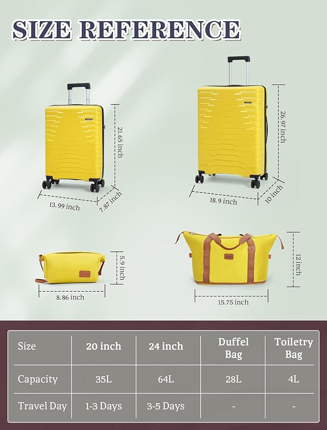 Cosbarn 4-piece luggage sets, suitcases with wheels, PP hard-shell luggage, upgraded shock-absorbing universal wheels and built-in lock, carry-on luggage set.