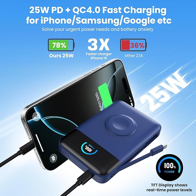 Ekrist Magnetic Portable Charger for MagSafe with Built-in Cable,iWatch Charger,Wireless Power Bank Travel Essentials,25W Fast Charging Battery Pack for iPhone 17/16/15,Apple Watch(Blue,10800mAh)