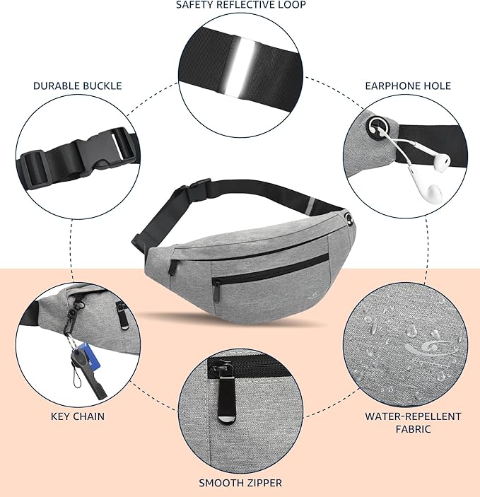 HiRui Large Crossbody Fanny Pack for Men Women Waist Bag Pack with 4-Zipper Pockets Phone Bag Fits All Phones Wallet Keys, Casual Hands-Free Waist Pack for Travel Workout Running (Gray)