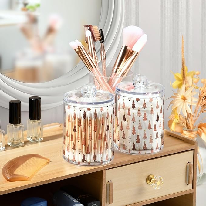 Gredecor 2 Pack Qtip Holder Clear Pastel Christmas Tree Pink Forest Apothecary Jars with Lids Acrylic Christmas Winter Bathroom Jars Vanity Canister Storage Organizer for Cotton Ball,Swabs,Pads,Floss