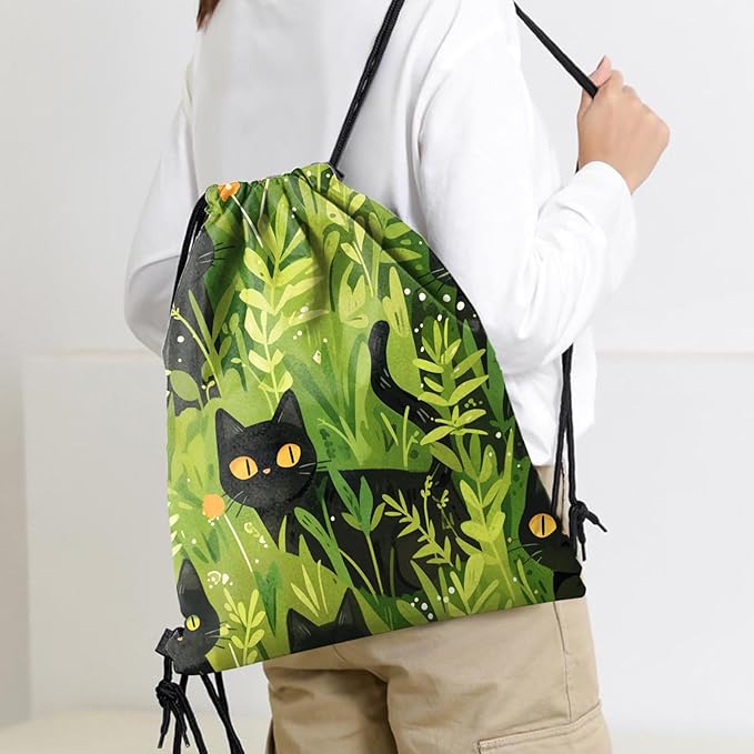 Drawstring Backpack Draw String Sports Bags for Gym Travel Beach Waterproof Cute Sackpack Men Women Aesthetic (13"×17")-Cat