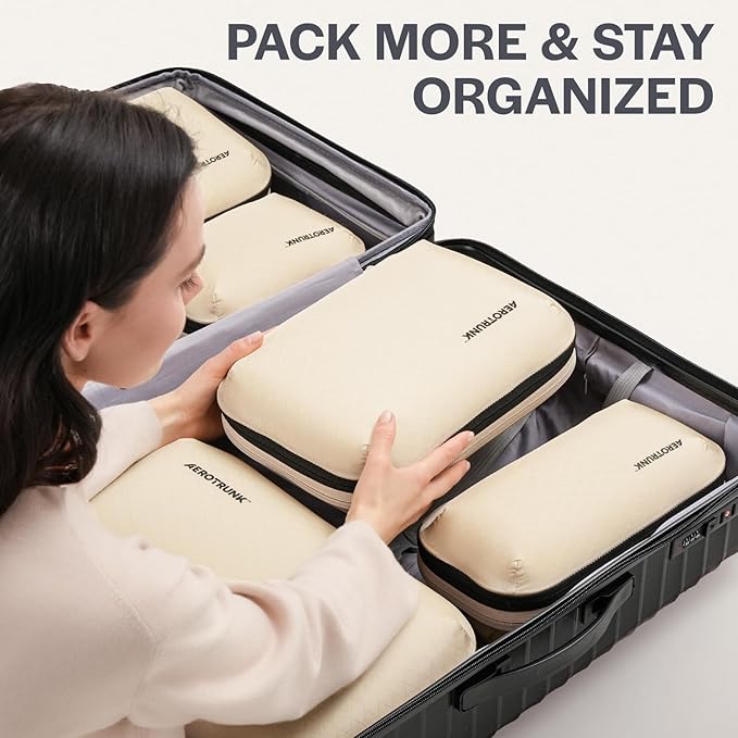 Aerotrunk Ultralight Compression Packing Cubes - Lightweight Travel Organizers for Suitcases and Luggage (3-Pack, Beige)