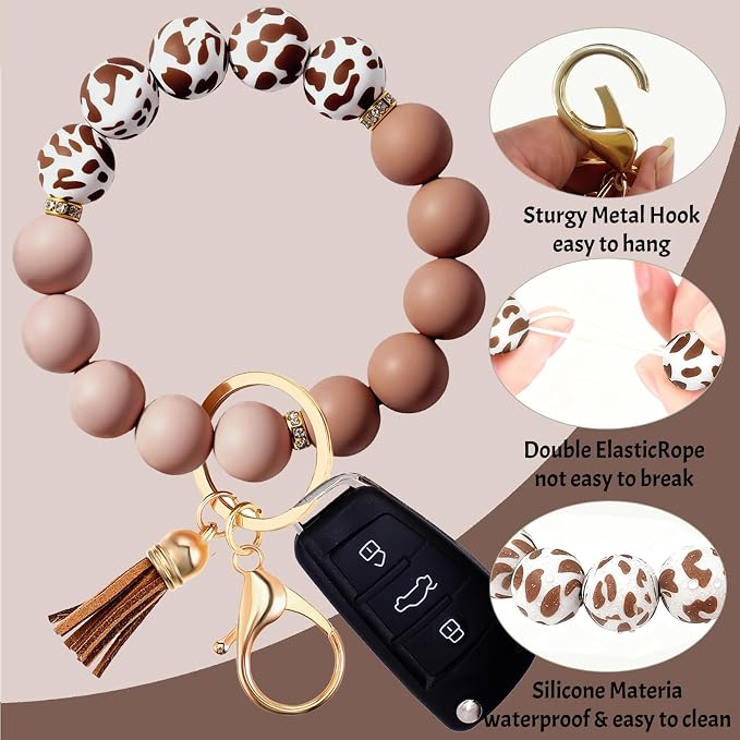 2PCS Bracelet Key Ring Set, Cute Car Key chain Wristlet, Silicone Beaded Bangle keyChains for Women Girls