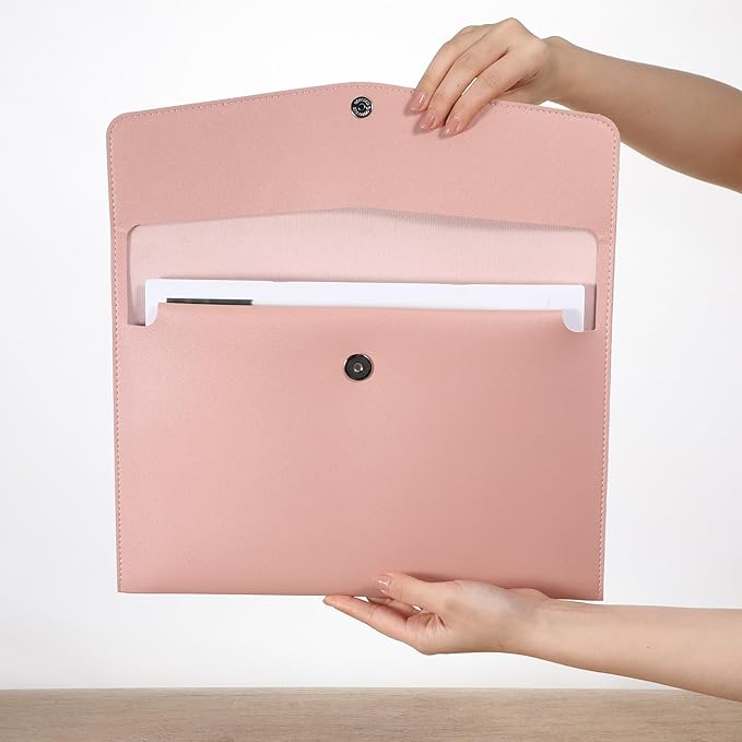 Leather Document Folder, A4 File Document Holder Waterproof Portfolio Envelope PU Leather Folder Case with Snap Button Closure for Letter Size, Travel, Resume, Pink