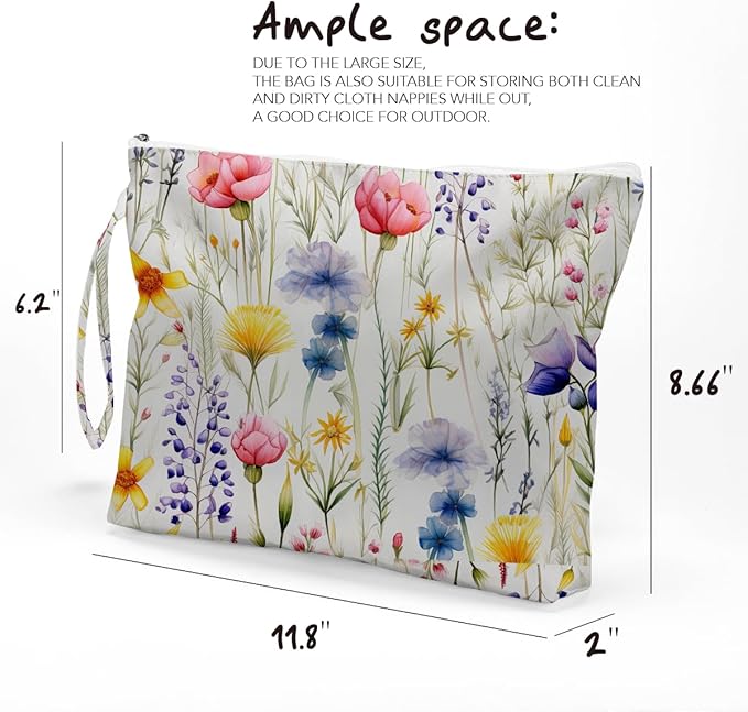 Fokongna Floral Print Wet Bag, Small Portable Waterproof Multi-Functional Organizer for Women, Ideal for Daily, Beach & Travel, Multicolor Wildflower Meadow