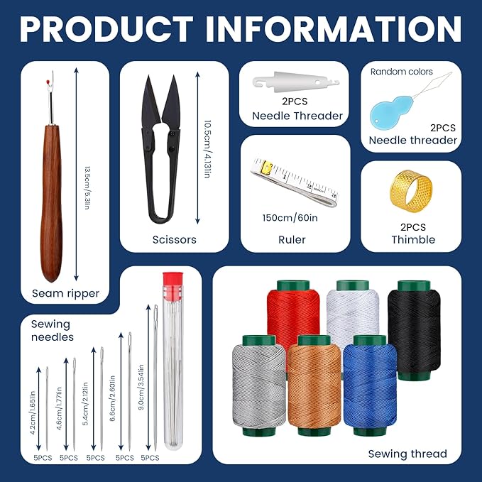 TLKKUE Sewing Kit for Adults, Steel Needles for Hand Sewing, 40 Pcs Sewing Kit with Sewing Needles Storage Bag Threads Thimbles Seam Rippers for Repair Clothing(6-Color Upholstery Thread)