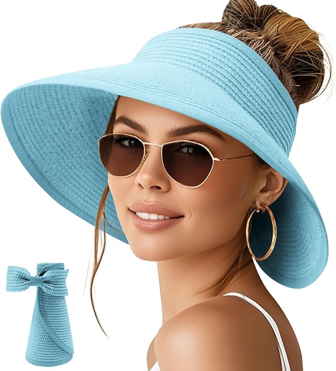 NPQQUAN Sun Visor Hats for Women Wide Brim Ponytail Straw Beach Hat Packable Foldable UPF 50+ Floppy Travel Hats