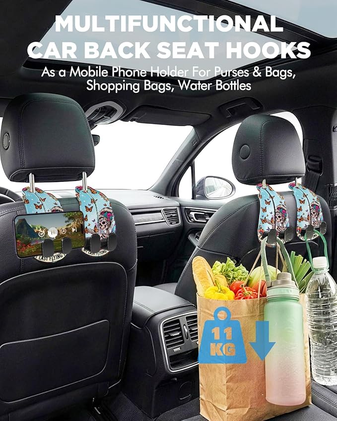 WOCOCN Purse Holder for Car, 2 Pack Heavy Duty Purse Hanger for Car, PU Leather Car Seat Hooks for Purses and Bags, Cute Skeleton Headrest Organizer for Handbags & Backpacks