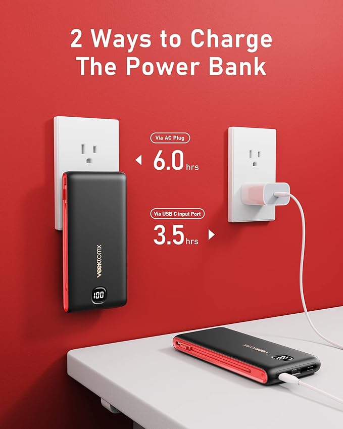 VEEKTOMX Portable Charger with Built in Cables 10000mAh, Power Bank for iPhone with AC Wall Plug, Fast Charging USB C Slim Battery Pack with LED Display Compatible with iPhone 17/16/15, Samsung