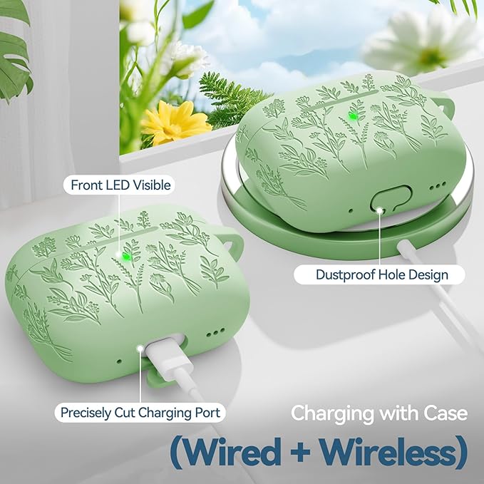 Flower Engraved Case for Apple AirPods Pro 2 Gen with Clean Kit,Soft Silicone Protective Case Cover for AirPod Pro 2nd/1st Generation Keychain,Lanyard,3 Pair Ear Tips,Front LED Visible,Pistachio Green