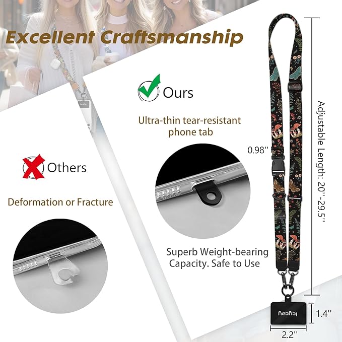 Icycay Phone Lanyard Crossbody, Butterfly Cell Phone Strap for Around The Neck Adjustable, Mushroom Flower Teacher Anti Theft Cute Lanyard for ID Holder Keys Accessories Travel Essential