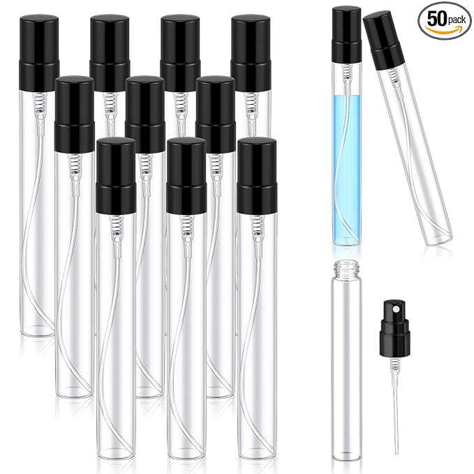 Zhehao 50 Pcs Mini Spray Bottles 10 ml Clear Glass Perfume Bottles Refillable Fine Mist Perfume Atomizer Portable Empty Sample Containers for Cleaning, Essential Oils, Travel (Black Cap)
