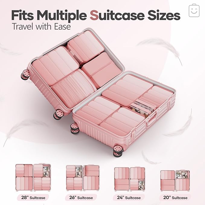 Veken 11 Set Compression Packing Cubes for Travel Essentials,Compressible Expandable Large Luggage Suitcase Organizer Bags for Clothing,Durable Space Saver Storage Bags with Toiletry Bags(Pink)